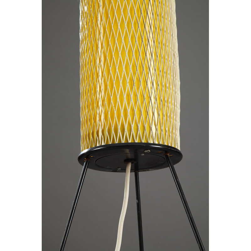 Yellow tripod floor lamp in metal and plastic - 1950s