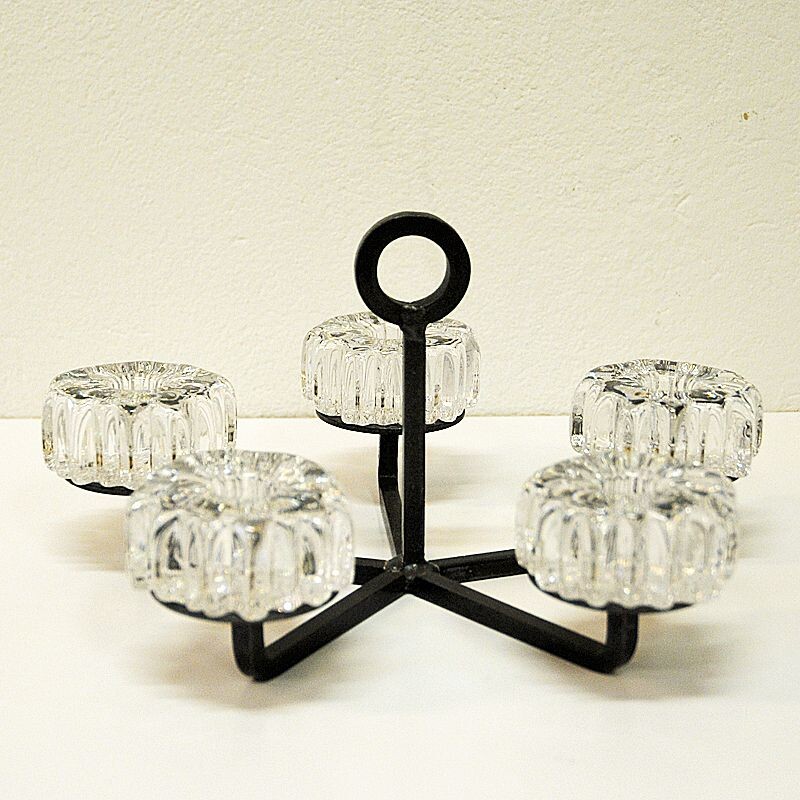 Vintage glass, crystal and iron candlestick by Willy Johansson for Hadeland Glassverk, Norway 1970