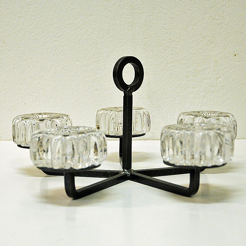 Vintage glass, crystal and iron candlestick by Willy Johansson for Hadeland Glassverk, Norway 1970