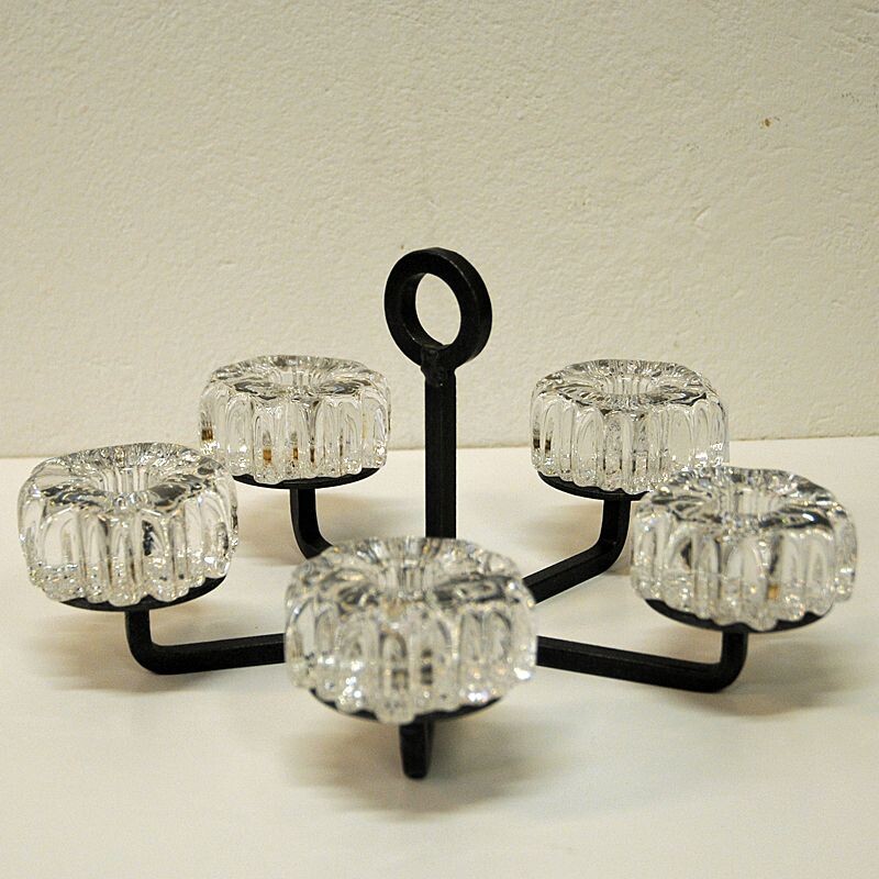 Vintage glass, crystal and iron candlestick by Willy Johansson for Hadeland Glassverk, Norway 1970