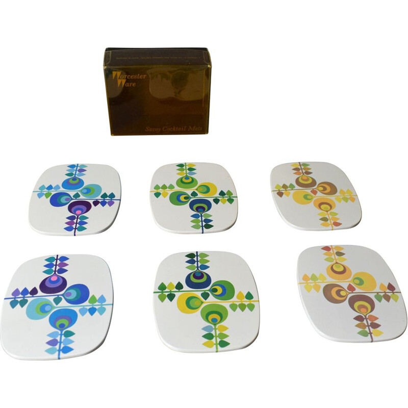 Set of 6 vintage coaster with geometric floral pattern 1970s