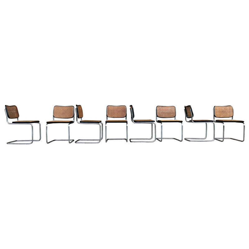 Set of 4 vintage B32 Cesca beech and chromed metal chairs by Marcel Breuer by Gavina, Bauhaus, 1963