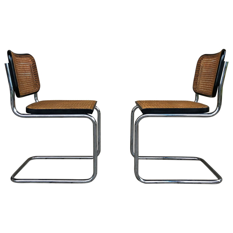 Set of 4 vintage B32 Cesca beech and chromed metal chairs by Marcel Breuer by Gavina, Bauhaus, 1963