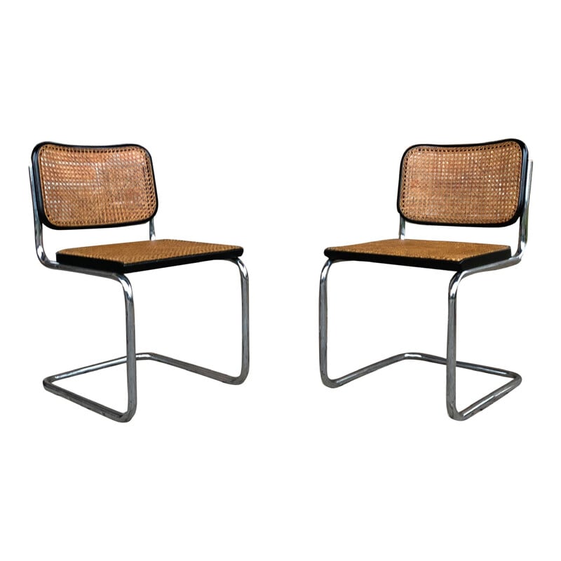 Set of 4 vintage B32 Cesca beech and chromed metal chairs by Marcel Breuer by Gavina, Bauhaus, 1963