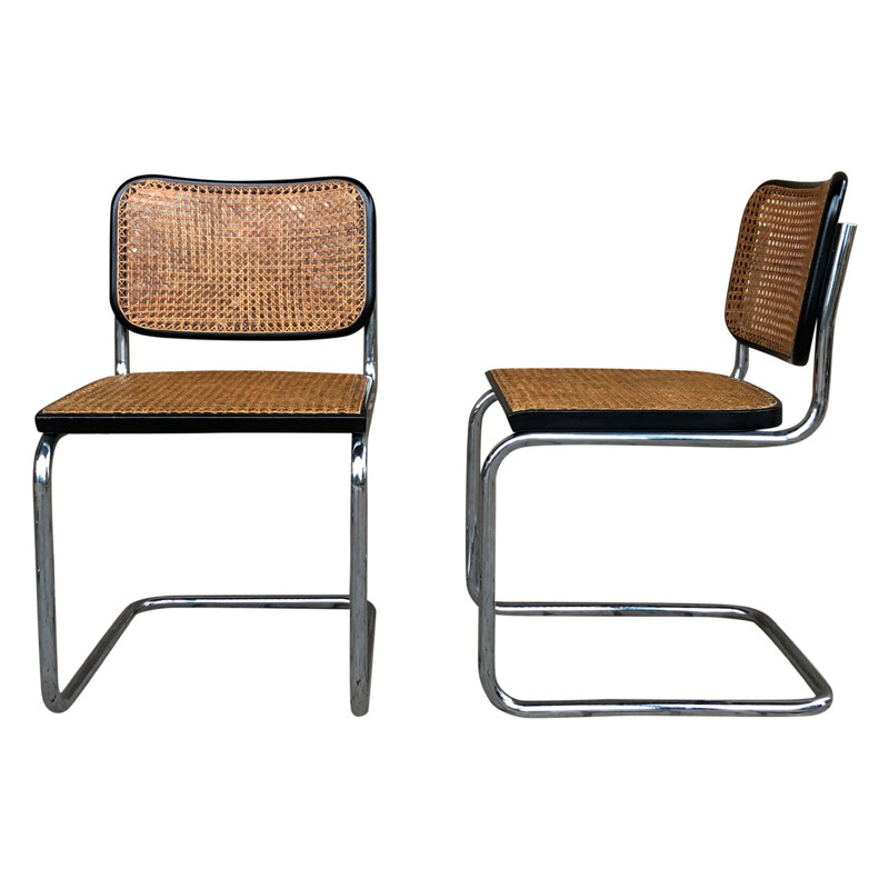 Set of 4 vintage B32 Cesca beech and chromed metal chairs by Marcel Breuer by Gavina, Bauhaus, 1963