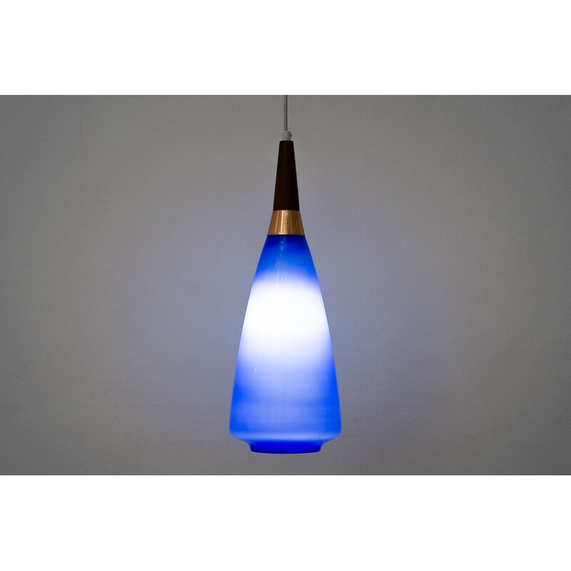 Vintage blue opaline and teak pendant lamp French 1960s