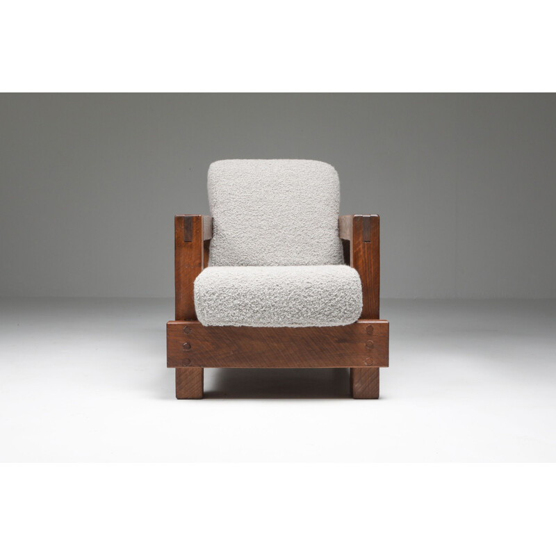 Vintage rustic modern lounge armchair in wool bouclé by Pierre Frey 1960s