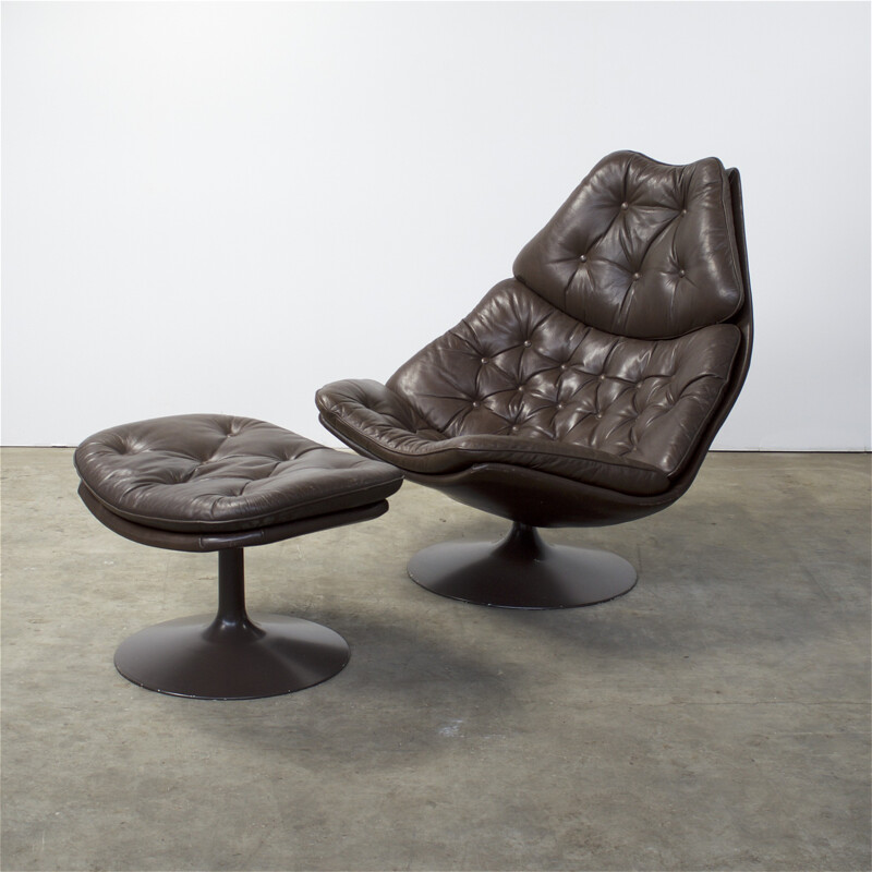 Artifort "F588" armchair with its ottoman in brown leather, Geoffrey HARCOURT - 1960s