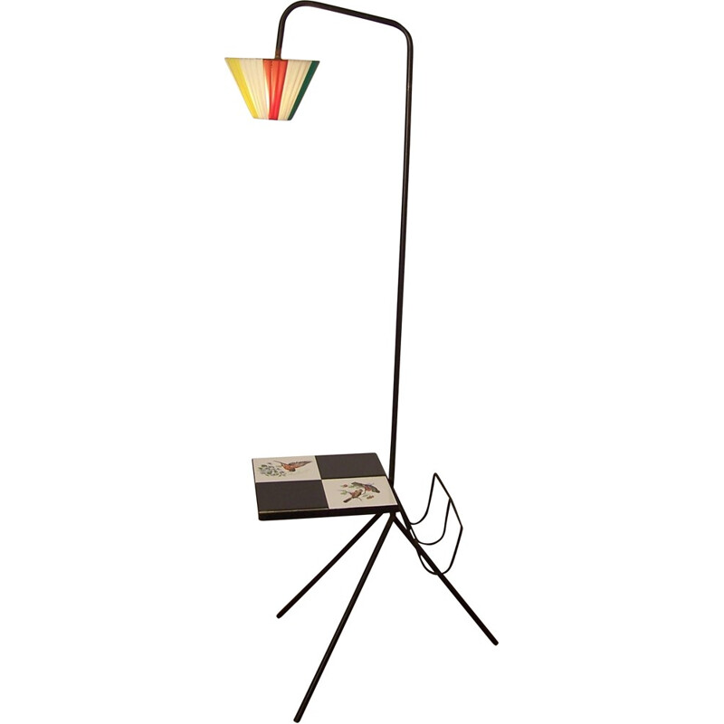 Tripod floor lamp in metal with magazine rack and tablets - 1950s