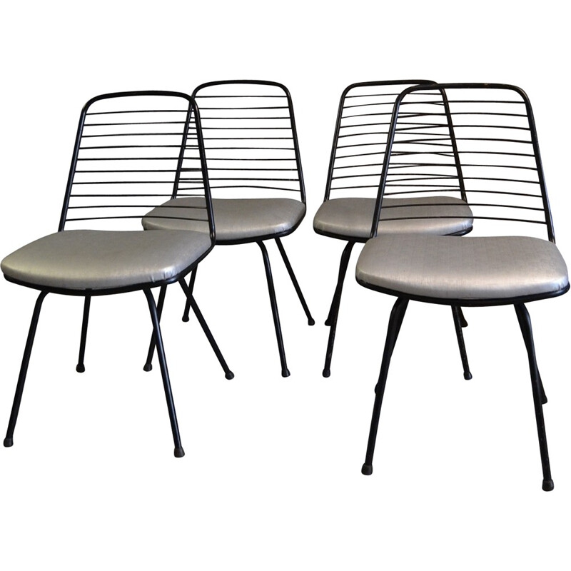 Set of 4 reupholstered chairs in metal and grey fabric, Jean-Louis BONNANT - 1950s