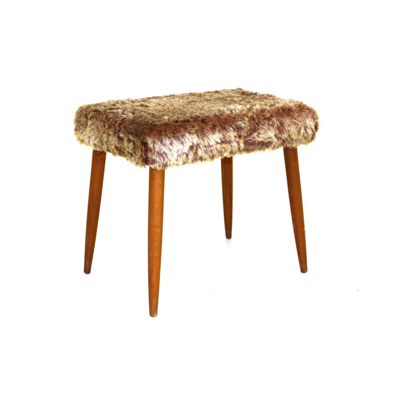Vintage stool in solid teak and suede faux-fur 1950s