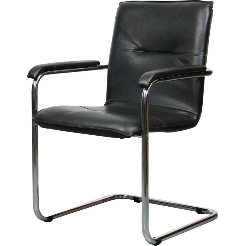 Silla voladiza vintage de cuero negro 1970