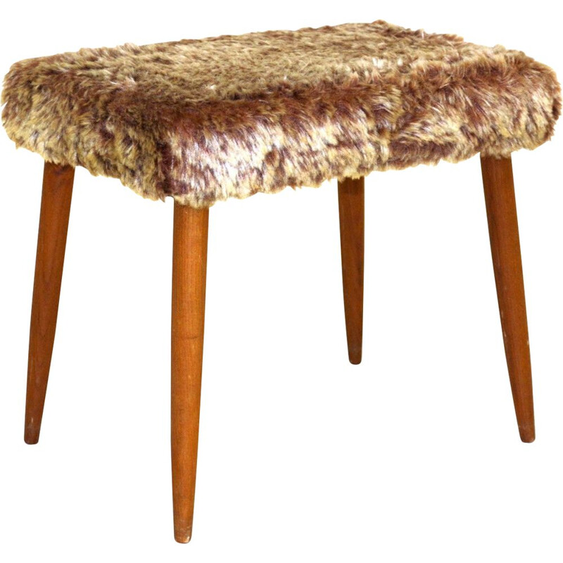 Vintage stool in solid teak and suede faux-fur 1950s