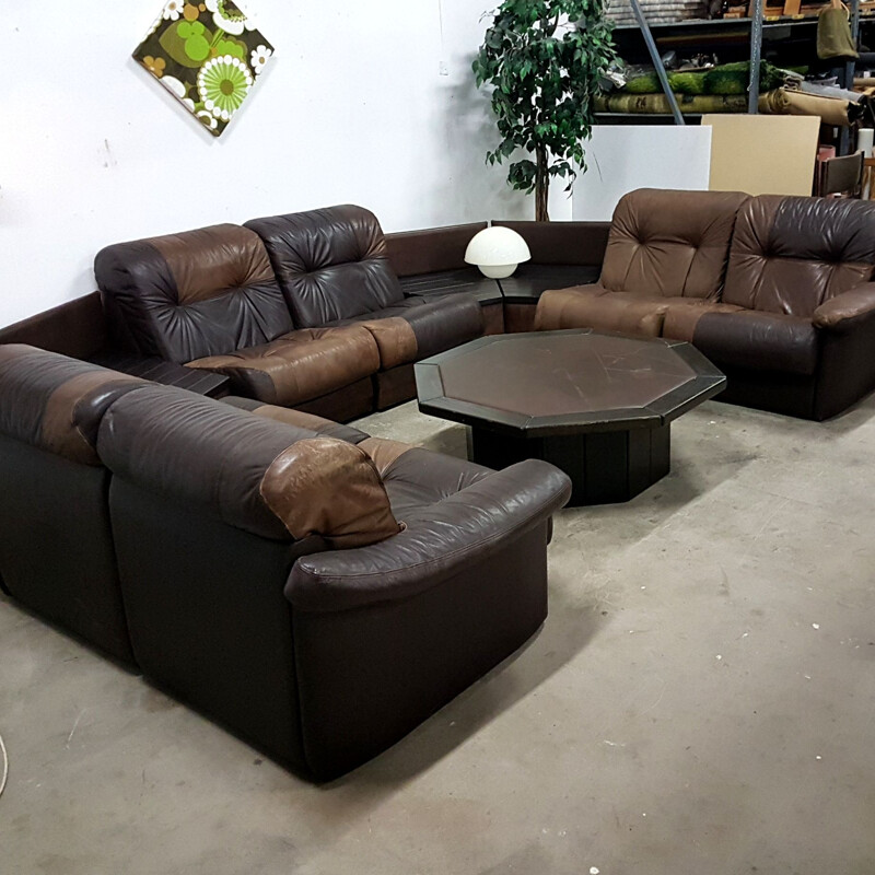 Vintage Custom made U shaped leather and oak lounge sofa 1970s