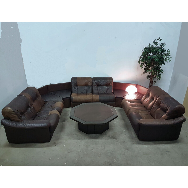 Canapé de salon vintage en cuir et chêne en forme de U fabriqué sur mesure 1970