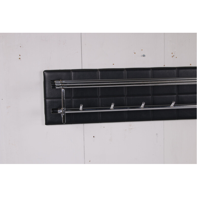 Vintage wall coat rack with black vinyl and chrome hooks 1960s