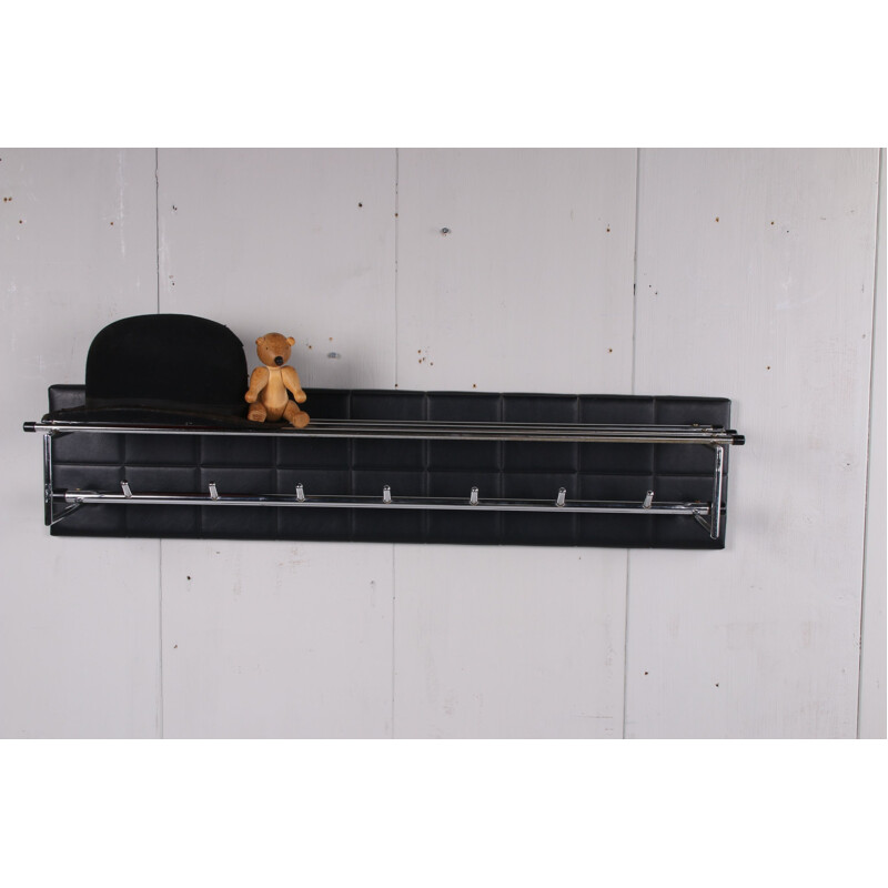 Vintage wall coat rack with black vinyl and chrome hooks 1960s