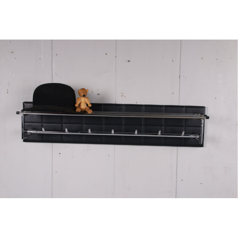 Vintage wall coat rack with black vinyl and chrome hooks 1960s