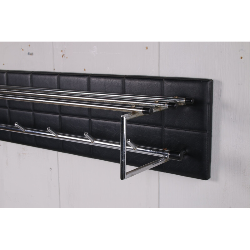 Vintage wall coat rack with black vinyl and chrome hooks 1960s