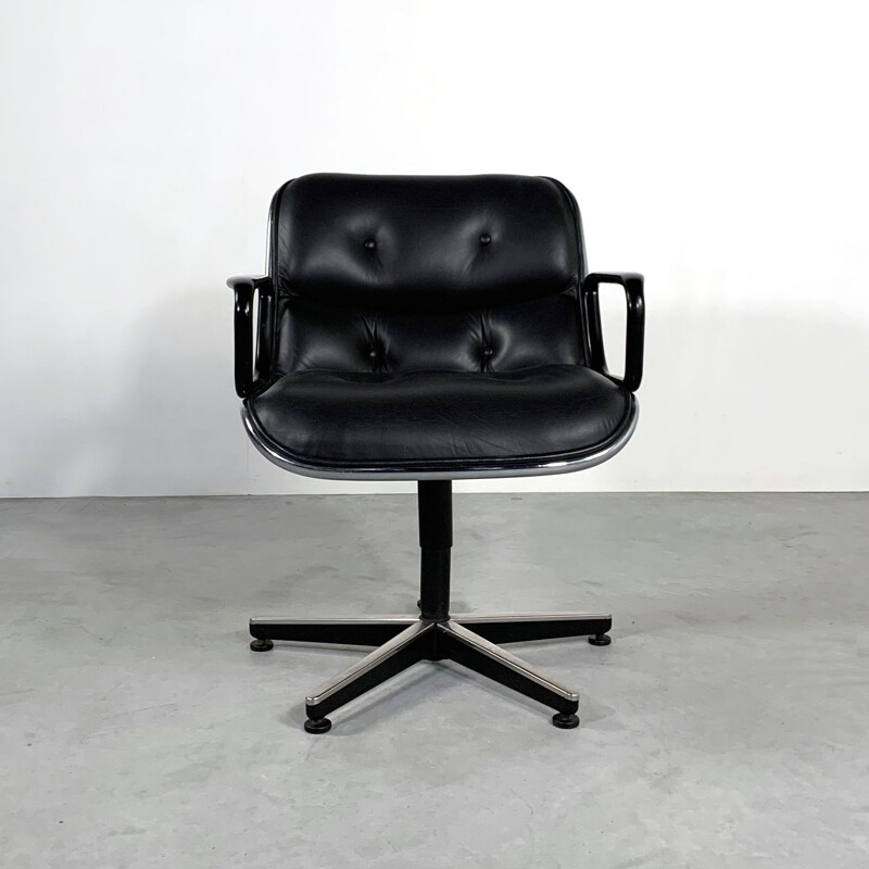 Vintage Black Leather office chair by Charles Pollock for Knoll 1970s