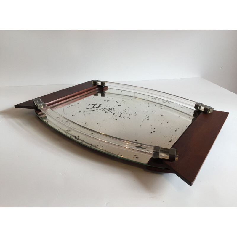 Vintage-Tablett aus Spiegel und Art-Deco-Holz
