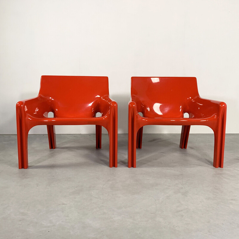Paire de fauteuil lounge vintage Vicario rouges par Vico Magistretti pour Artemide 1970