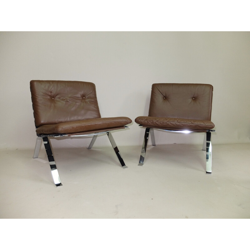 Pair of Girsberger Heinrich lounge chairs in brown leather and chromed steel - 1960s
