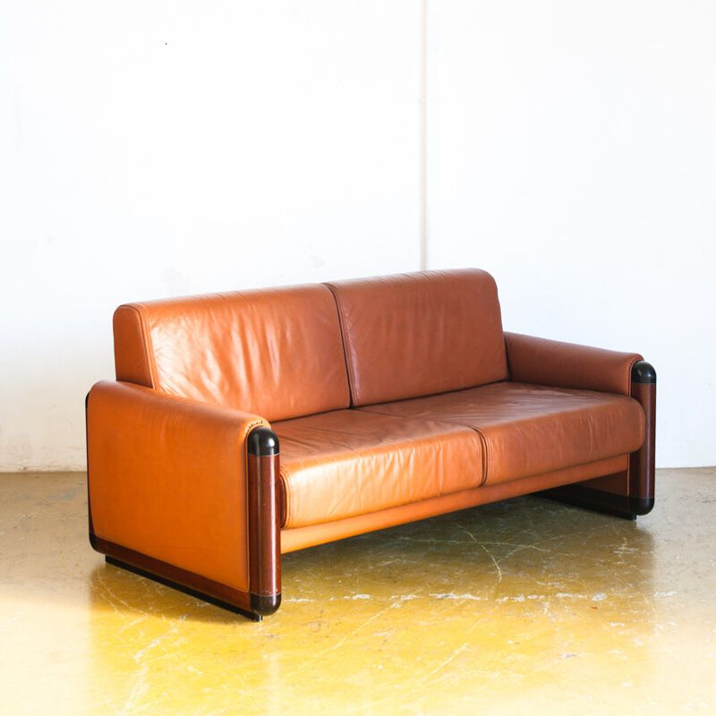 Vintage wood and leather sofa, Spain 1980s