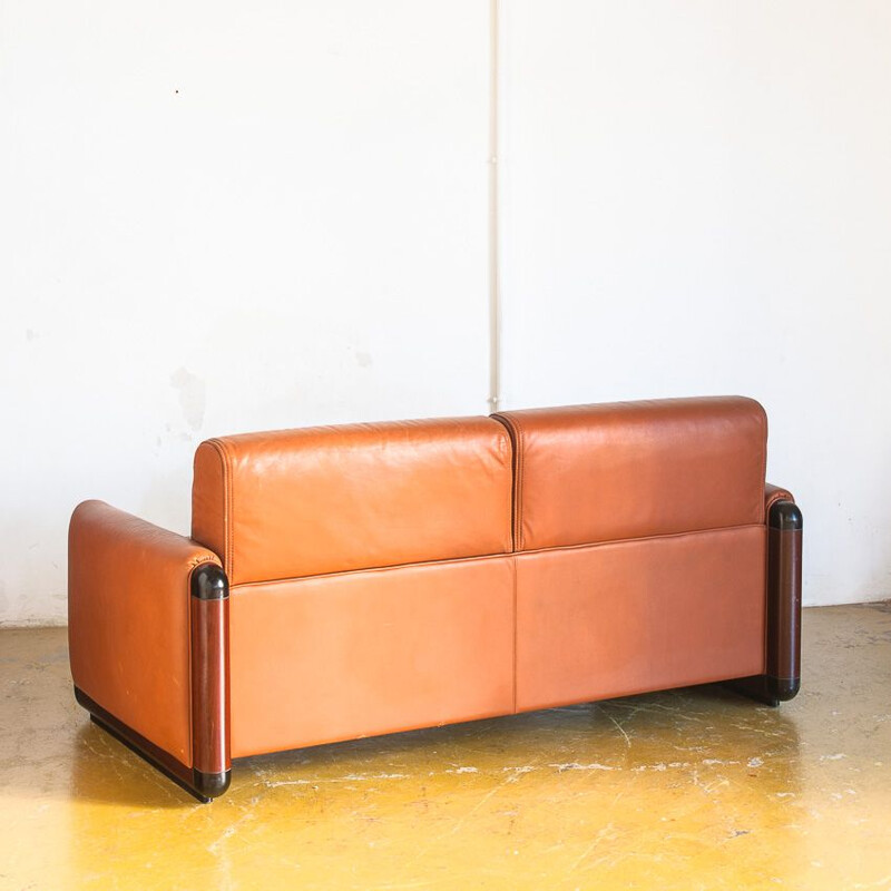 Vintage wood and leather sofa, Spain 1980s