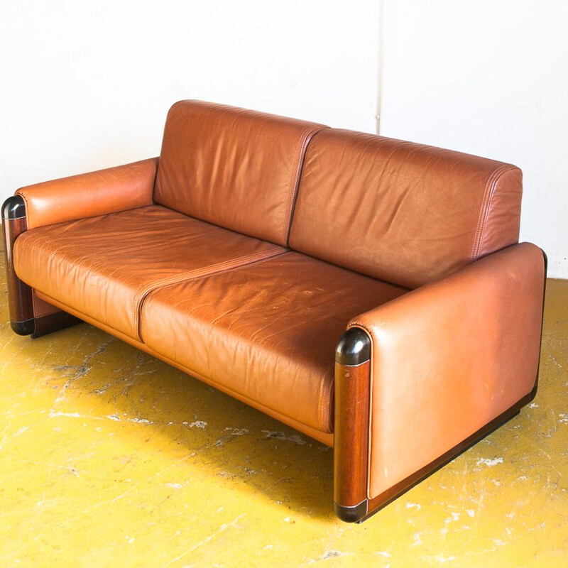 Vintage wood and leather sofa, Spain 1980s