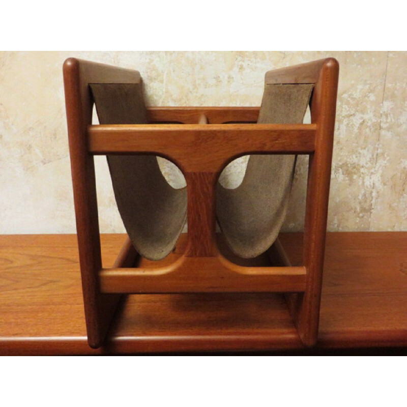 Vintage Teak and Leather Magazine Rack by Aksel Kjersgaard, Suede 1960s