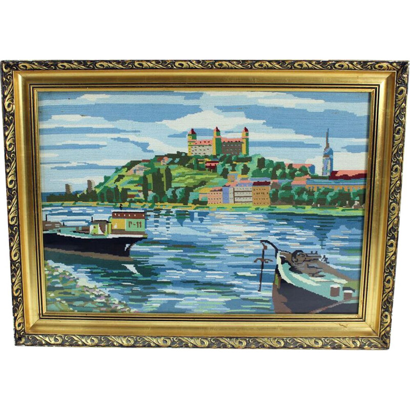 Decorative wall tapestry vintage art on the landscape photo of Bratislava, Czechoslovakia 1980