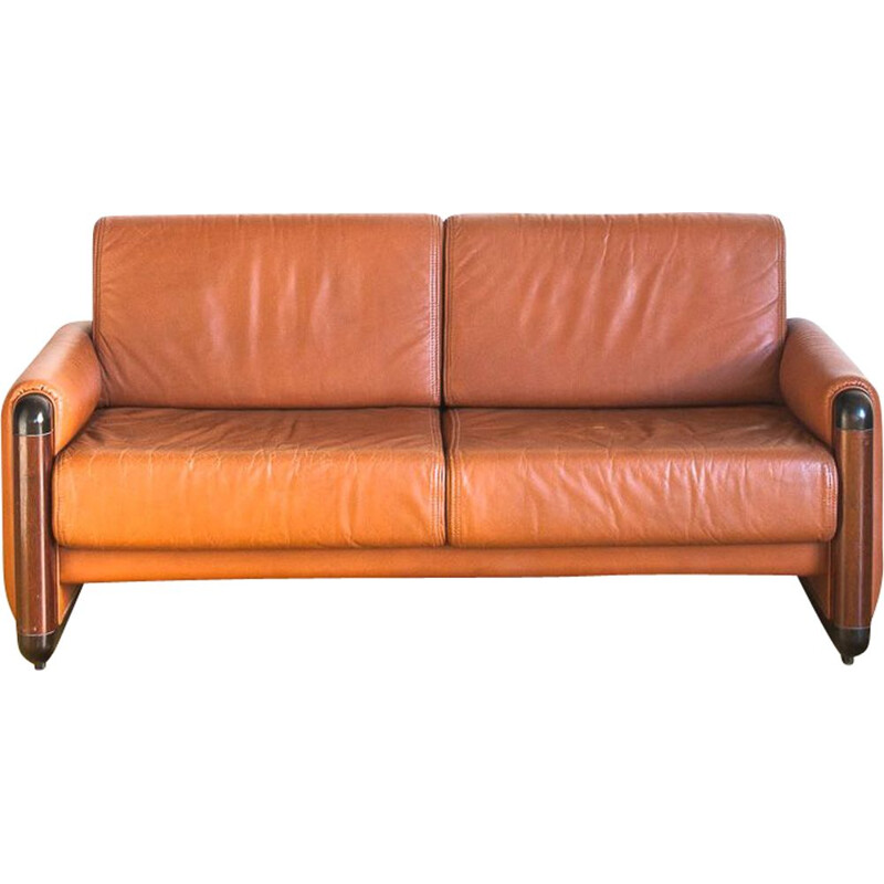 Vintage wood and leather sofa, Spain 1980s