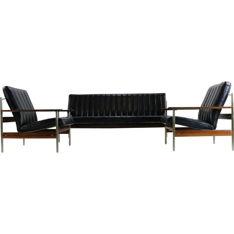 Vintage seatinggroup rosewood in black leather Sven Ivar Dysthe for Dokka Mobler 