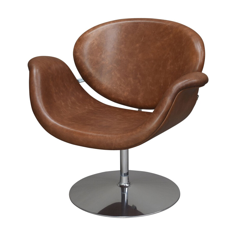 Vintage F594 en tulip swivel Midi chair in leather by Pierre Paulin, Netherlands 1960s