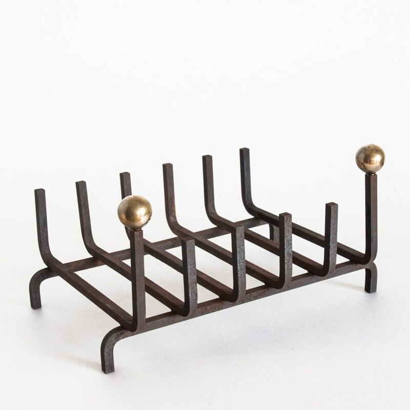 Vintage cast iron and brass log rack for fireplace, France 1940s