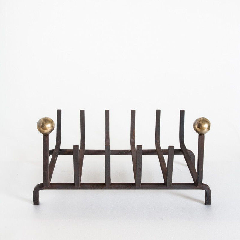 Vintage cast iron and brass log rack for fireplace, France 1940s