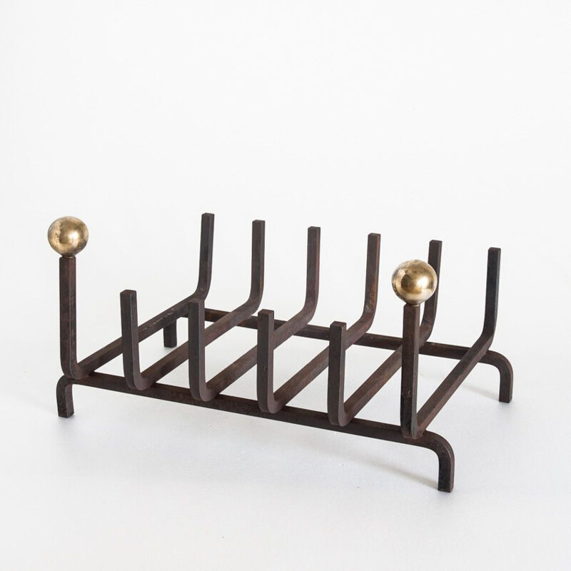 Vintage cast iron and brass log rack for fireplace, France 1940s