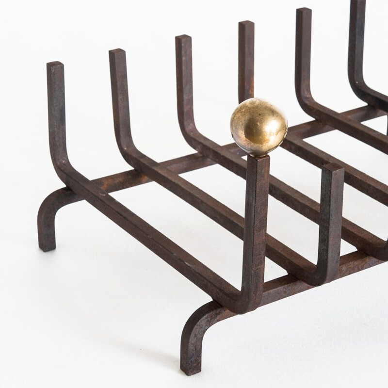 Vintage cast iron and brass log rack for fireplace, France 1940s