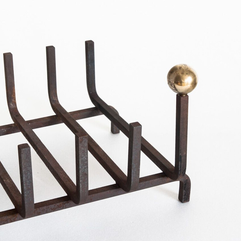 Vintage cast iron and brass log rack for fireplace, France 1940s