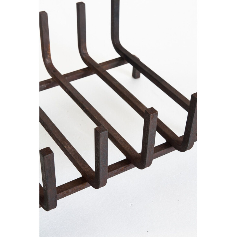 Vintage cast iron and brass log rack for fireplace, France 1940s