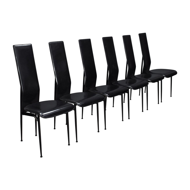 Set of 6 vintage dining chairs in black leather by Giancarlo Vegni and Gianfranco Gualtierotti for Fasem, Italy 1980.