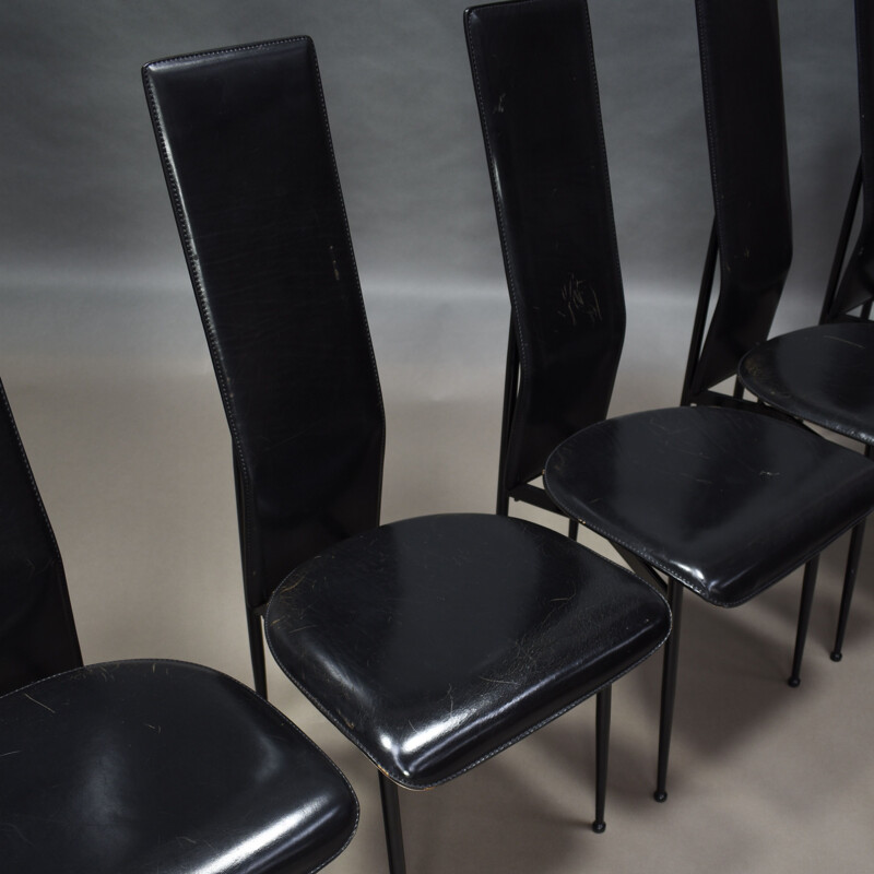 Set of 6 vintage dining chairs in black leather by Giancarlo Vegni and Gianfranco Gualtierotti for Fasem, Italy 1980.