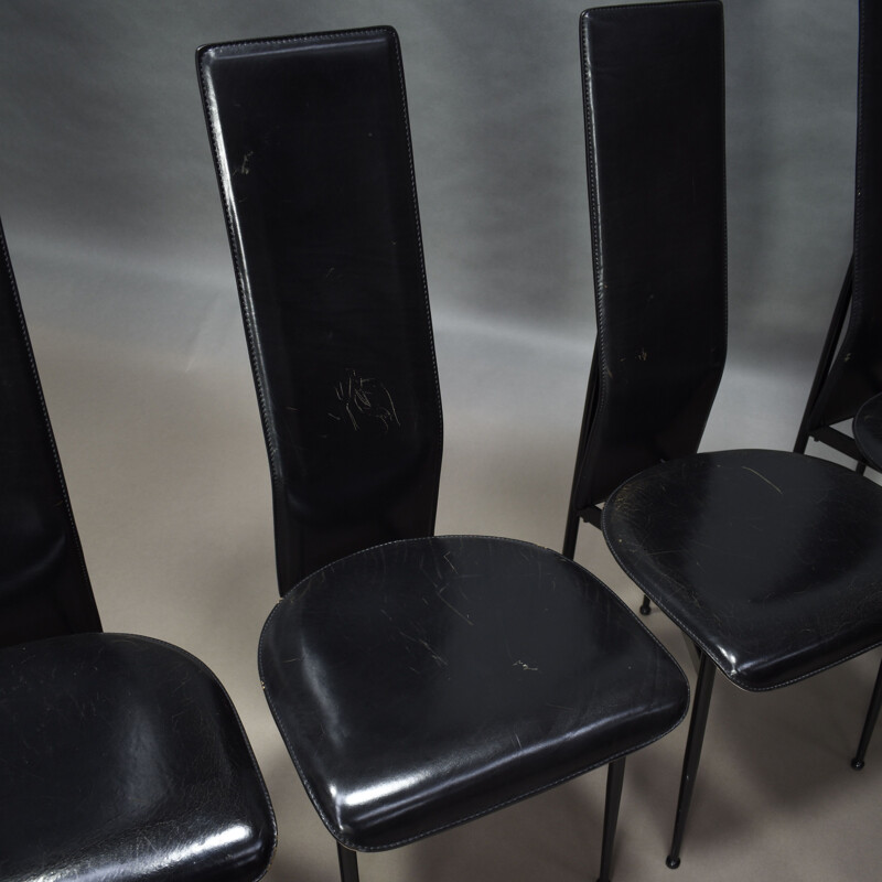 Set of 6 vintage dining chairs in black leather by Giancarlo Vegni and Gianfranco Gualtierotti for Fasem, Italy 1980.