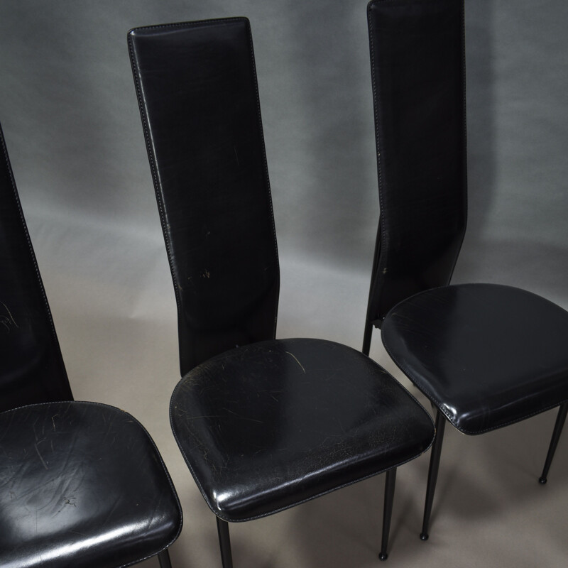 Conjunto de 6 cadeiras de couro preto vintage de Giancarlo Vegni e Gianfranco Gualtierotti para Fasem, Itália 1980.