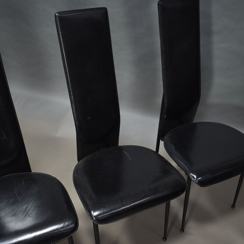 Set of 6 vintage dining chairs in black leather by Giancarlo Vegni and Gianfranco Gualtierotti for Fasem, Italy 1980.