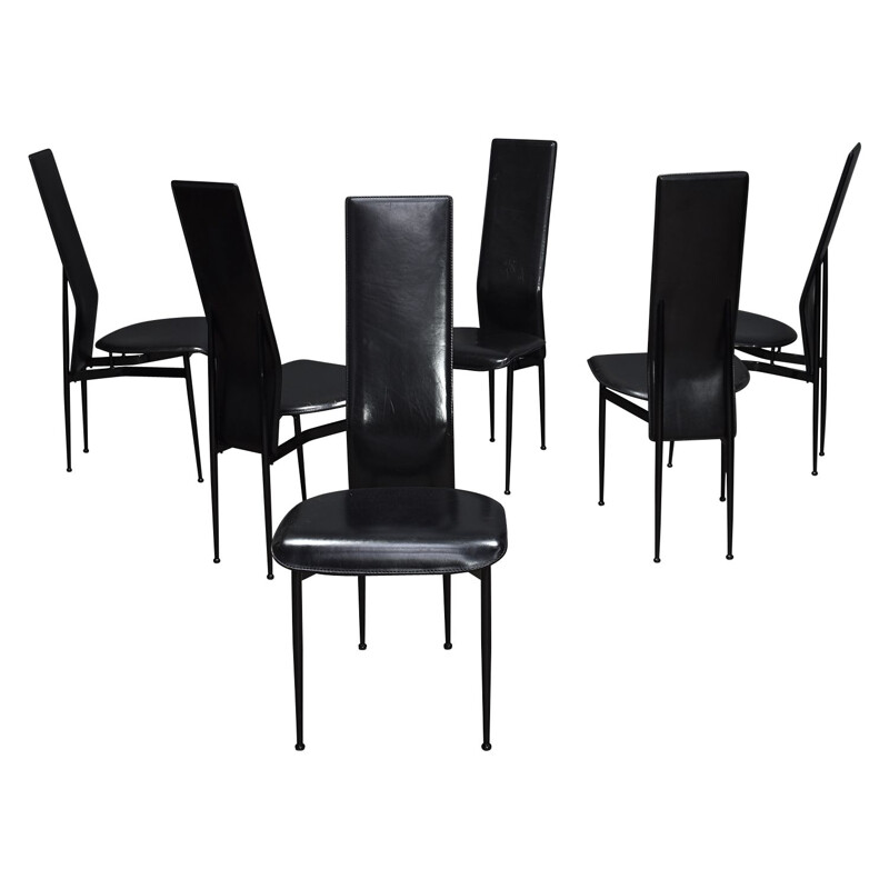 Set of 6 vintage dining chairs in black leather by Giancarlo Vegni and Gianfranco Gualtierotti for Fasem, Italy 1980.