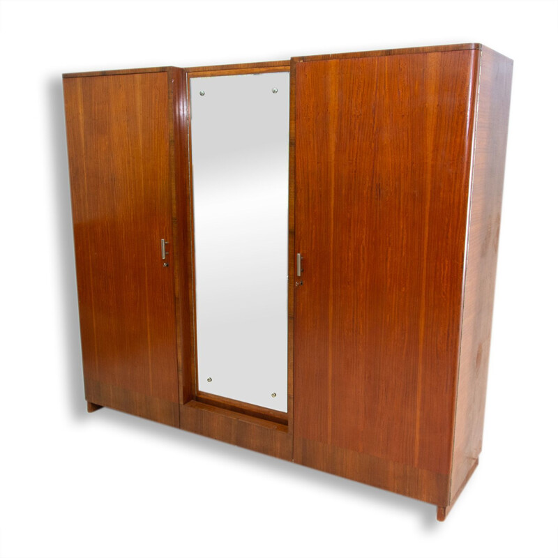 Vintage solid wood and walnut veneer functionalist wardrobe by Vlastimil Brožek, Czechoslovakia 1930