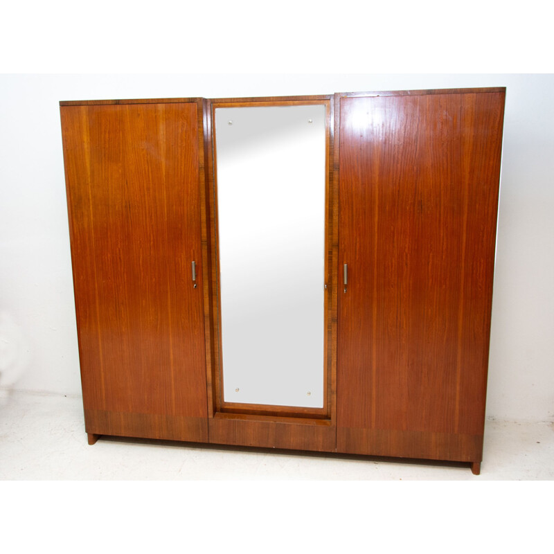 Vintage solid wood and walnut veneer functionalist wardrobe by Vlastimil Brožek, Czechoslovakia 1930