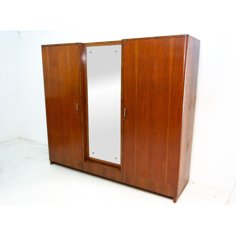 Vintage solid wood and walnut veneer functionalist wardrobe by Vlastimil Brožek, Czechoslovakia 1930